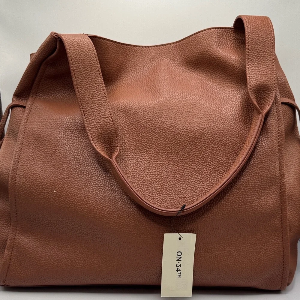 On 34th Tan Leather Tote Bag with Zip Pouch